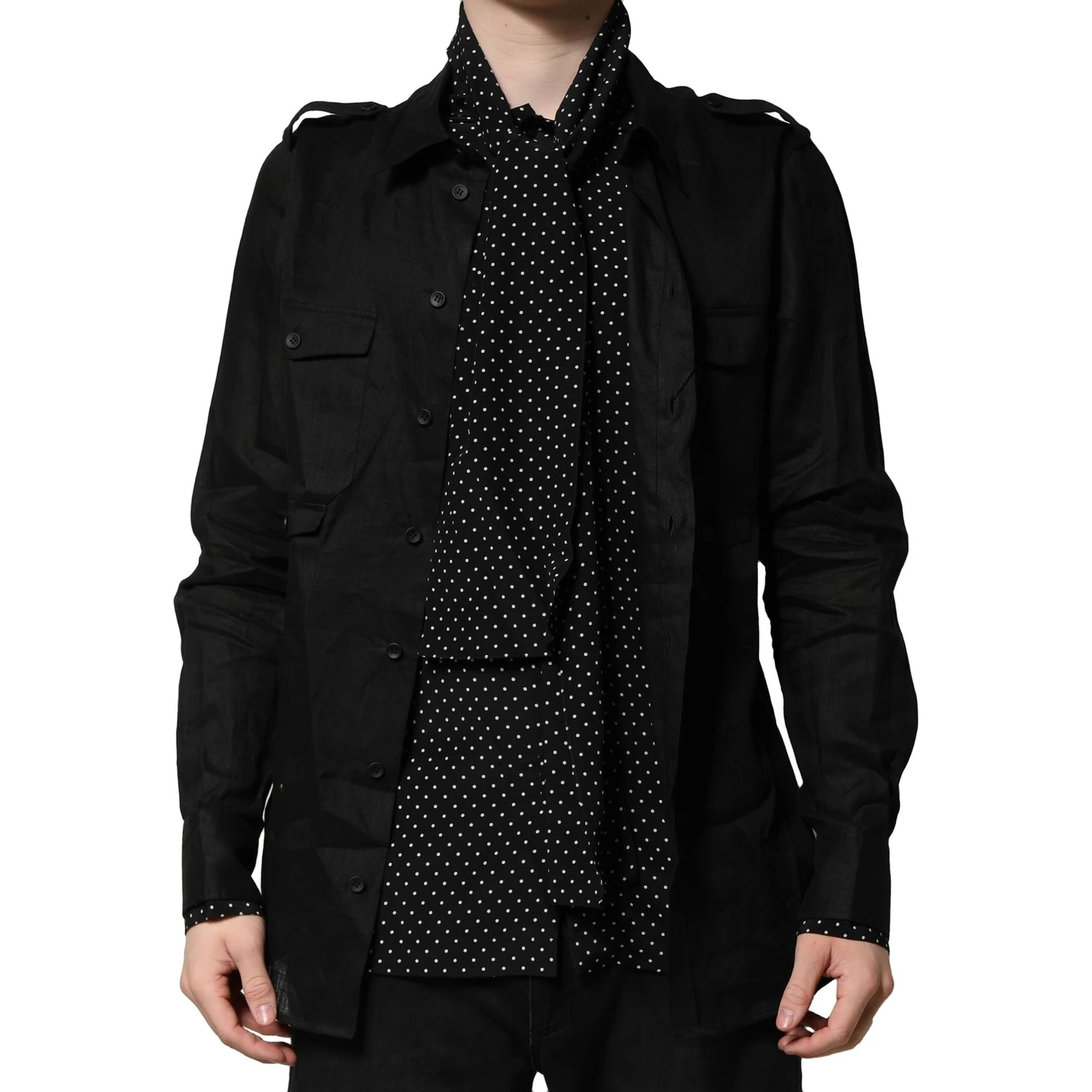 Black Polka Dot Collar Tie Neck Casual Shirt