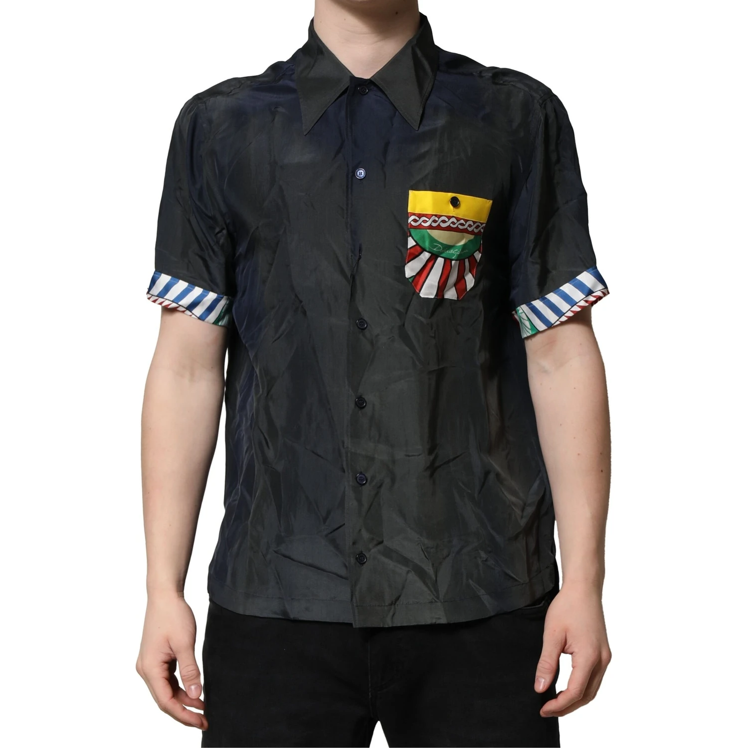 Black Silk Short Sleeves Men Casual Shirt