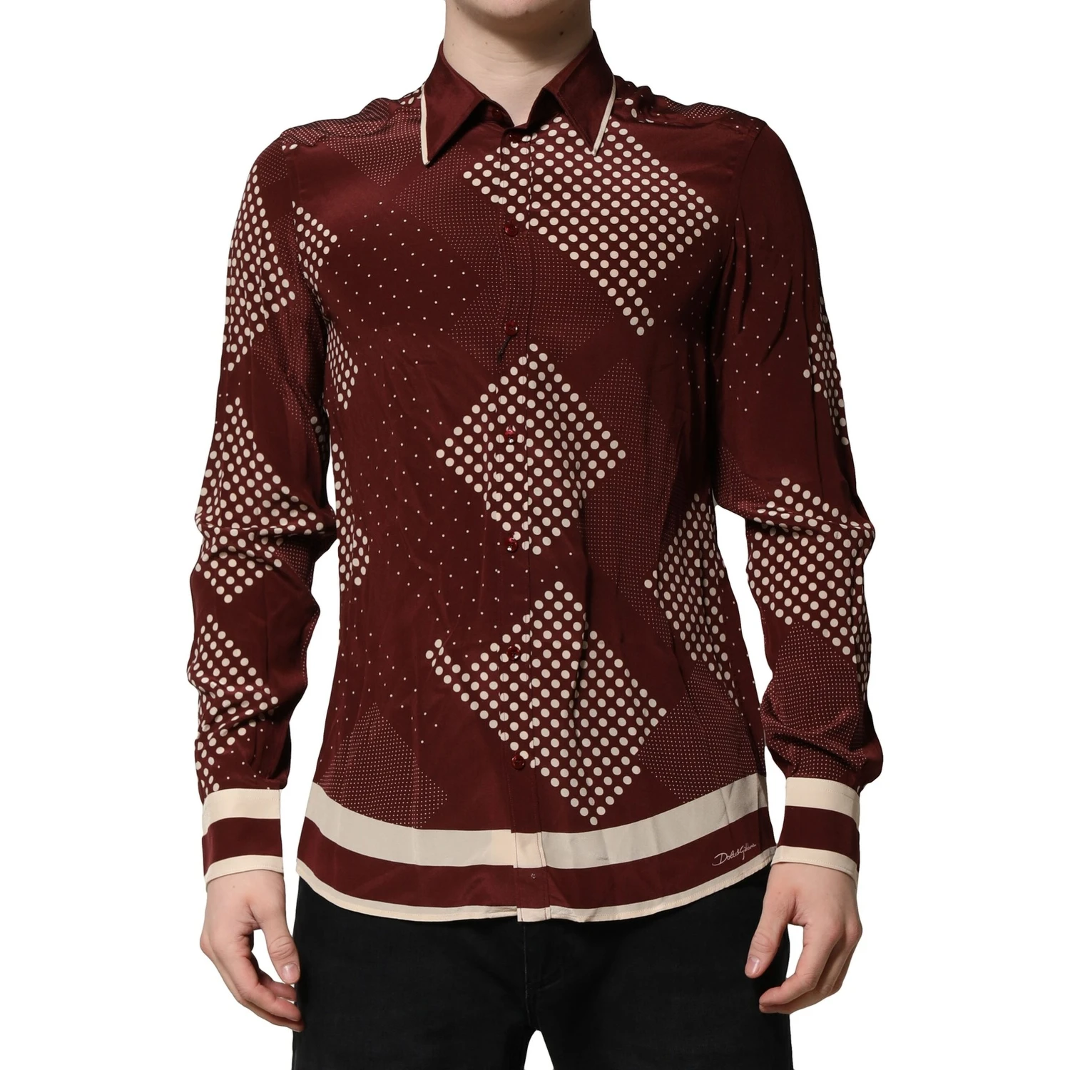 Maroon Dotted Silk Long Sleeve Casual Shirt
