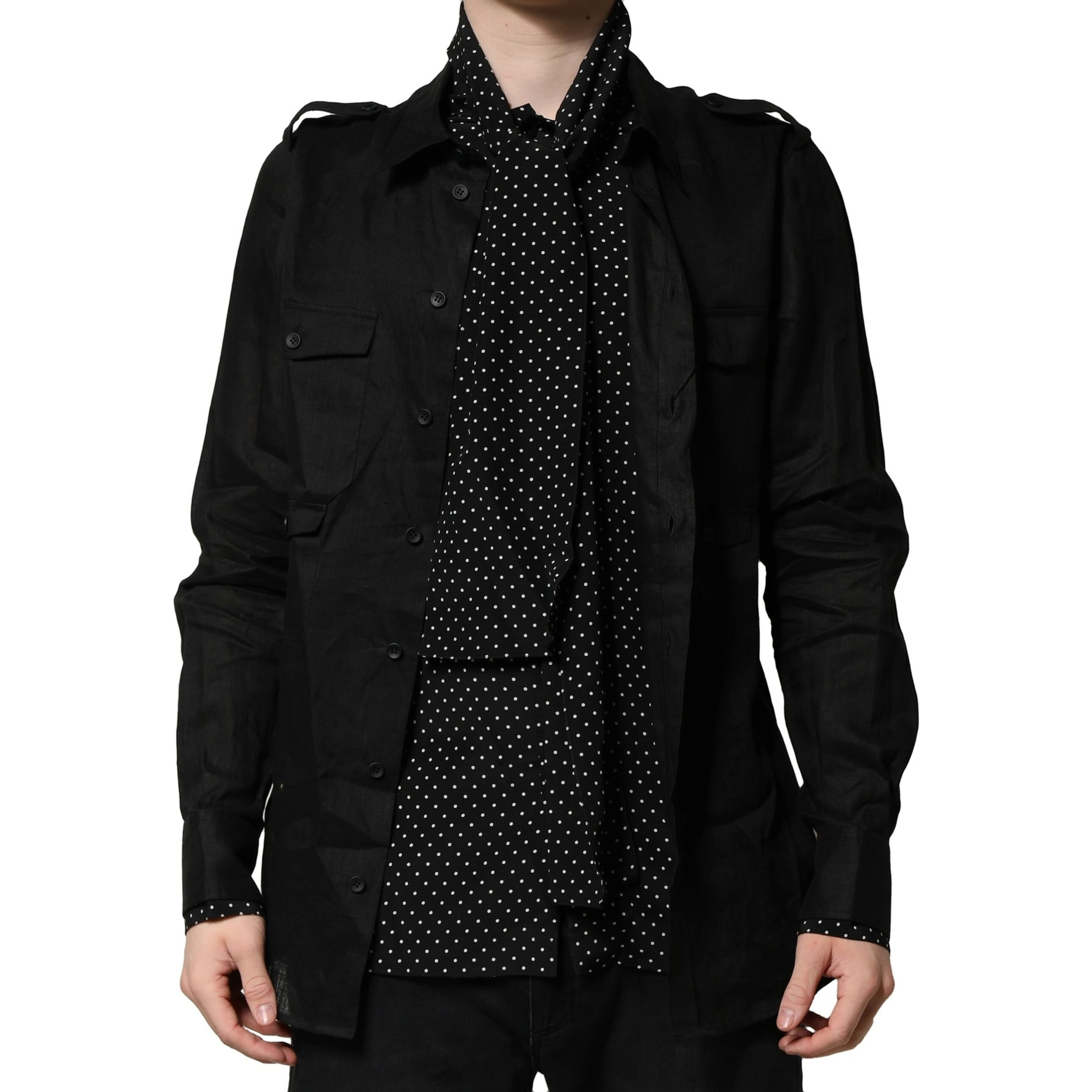 Black Polka Dot Collar Tie Neck Casual Shirt