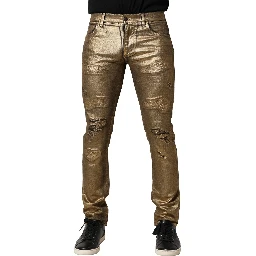 Gold Tattered Cotton Stretch Slim Denim Jeans