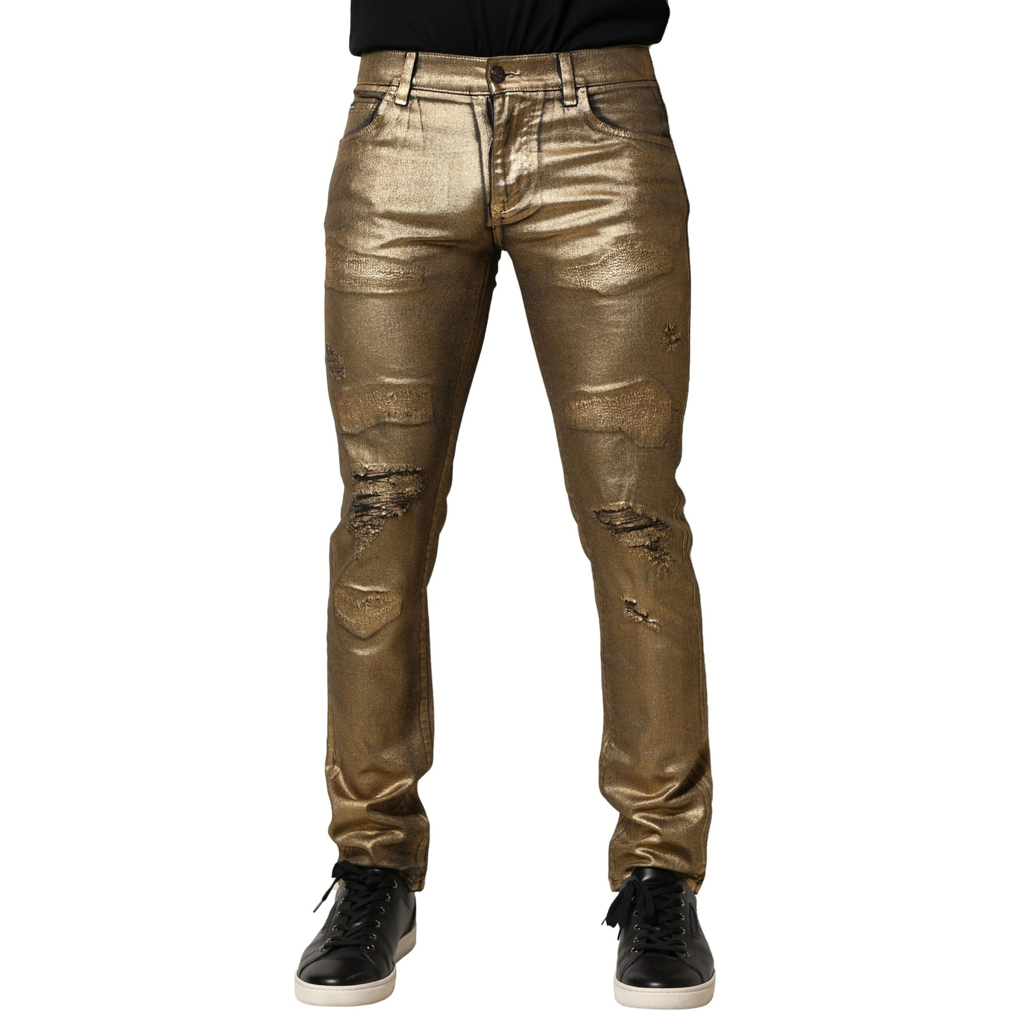 Gold Tattered Cotton Stretch Slim Denim Jeans