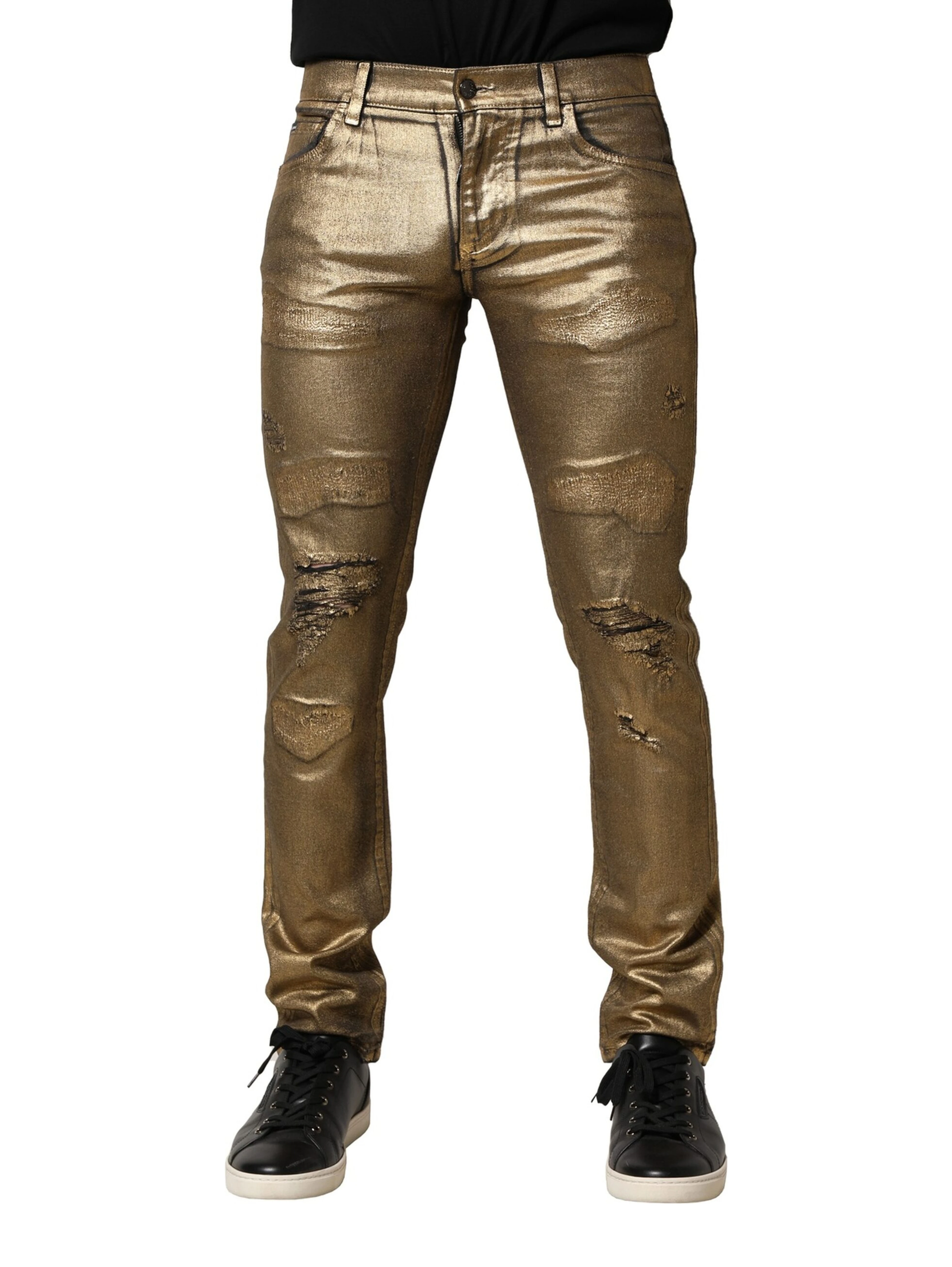 Gold Tattered Cotton Stretch Slim Denim Jeans