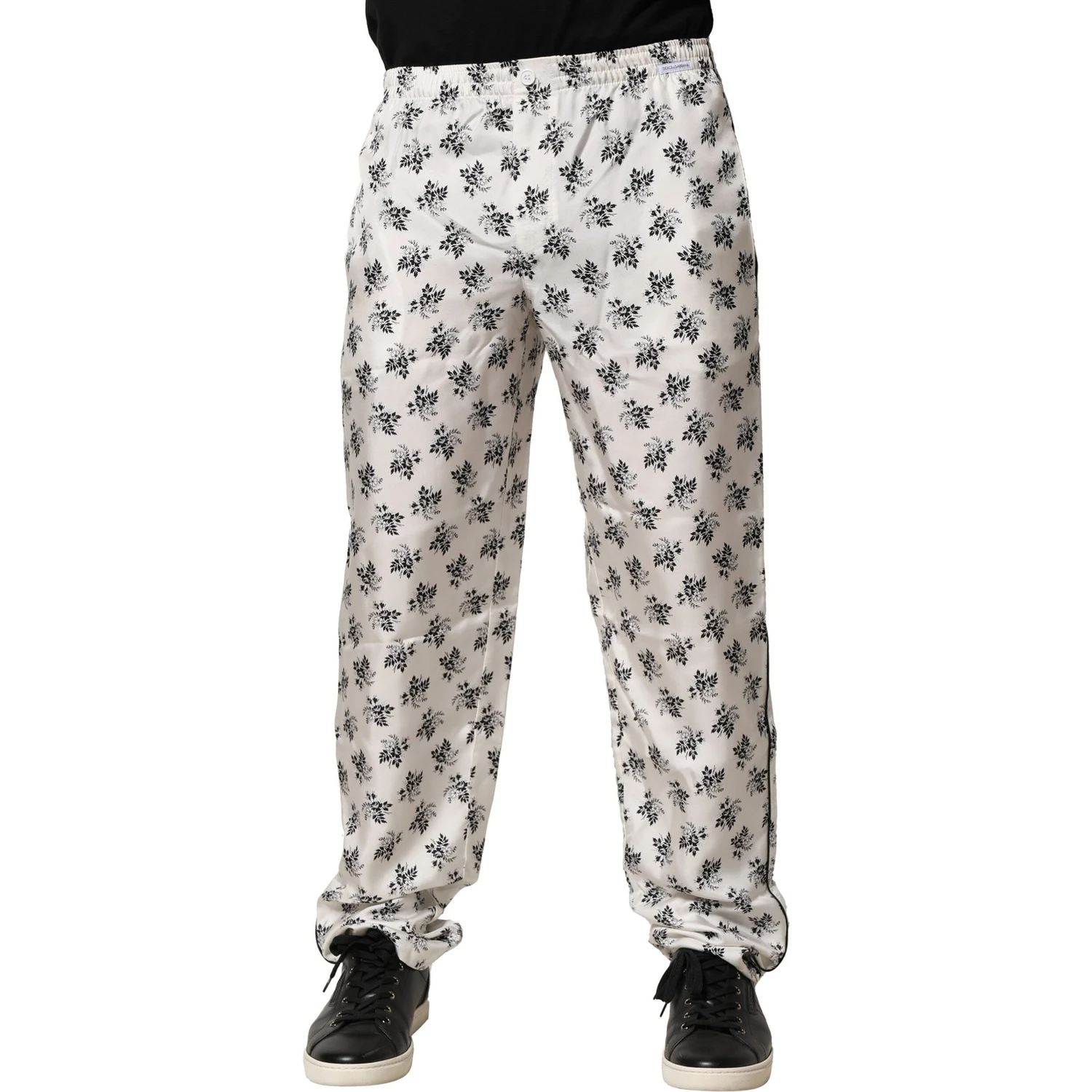 White Floral Silk Casual Lounge Pants