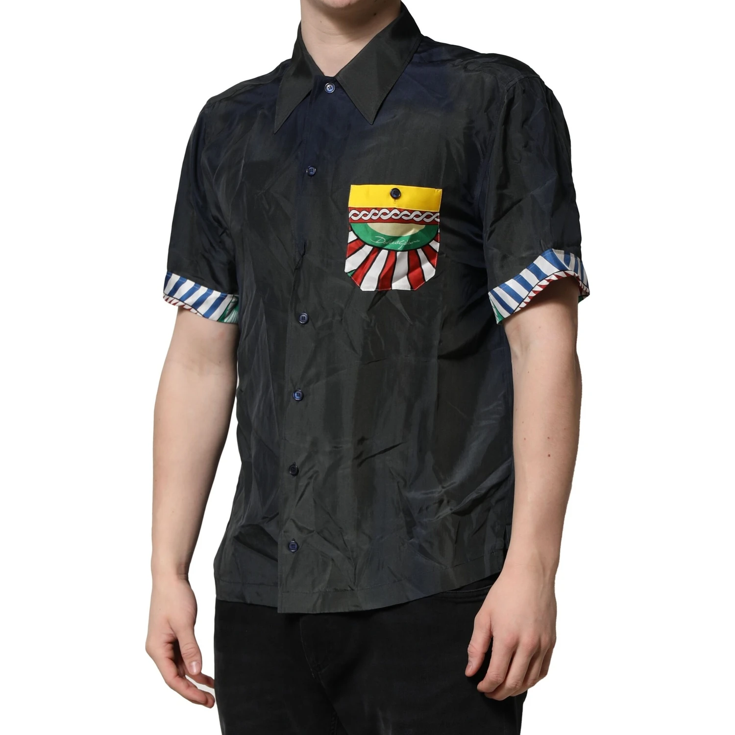 Black Silk Short Sleeves Men Casual Shirt