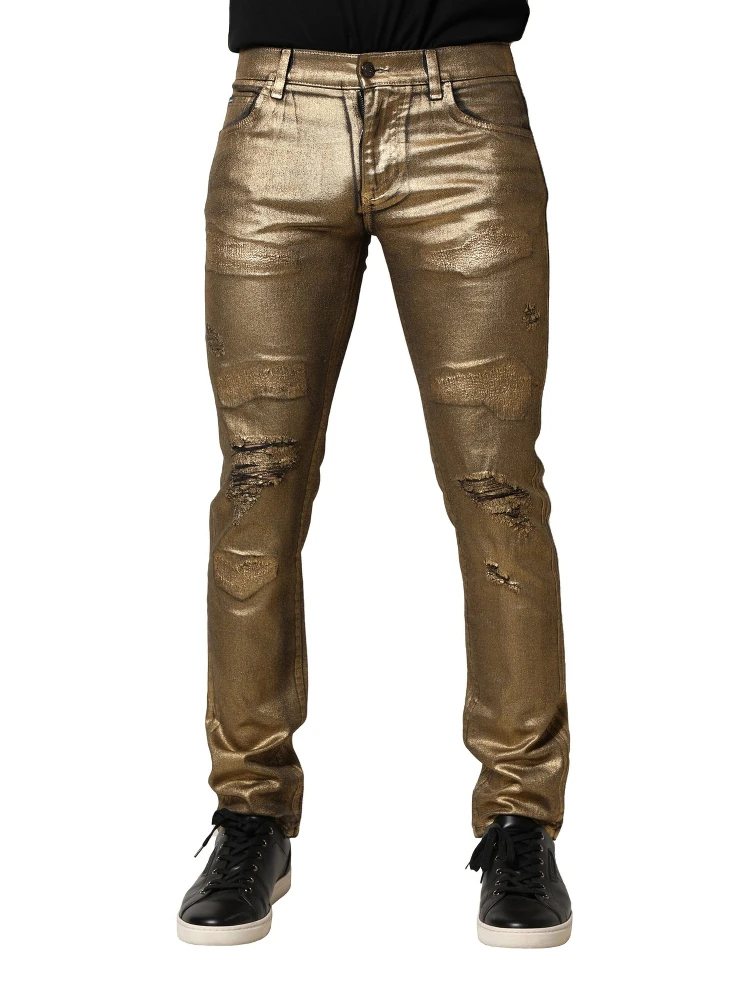 Gold Tattered Cotton Stretch Slim Denim Jeans alternative
