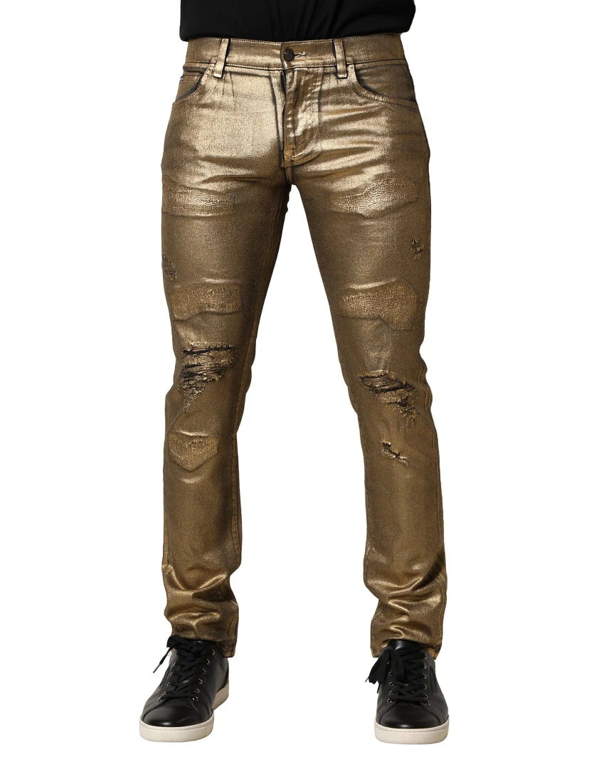 Gold Tattered Cotton Stretch Slim Denim Jeans