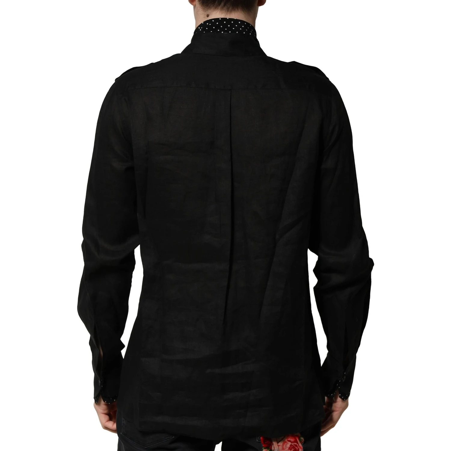 Black Polka Dot Linen Silk Men Casual Shirt