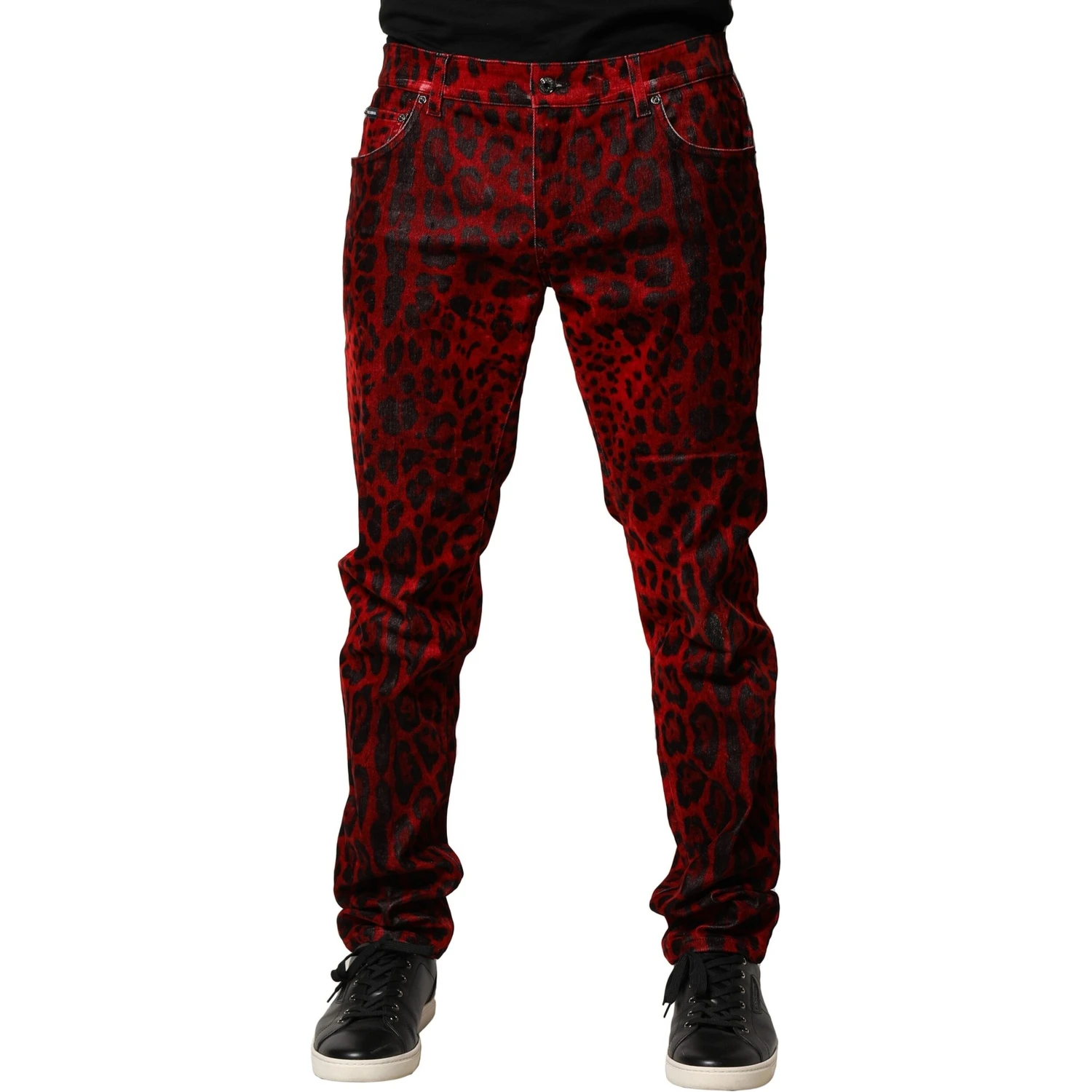 Red Leopard Print Cotton Skinny Denim Jeans