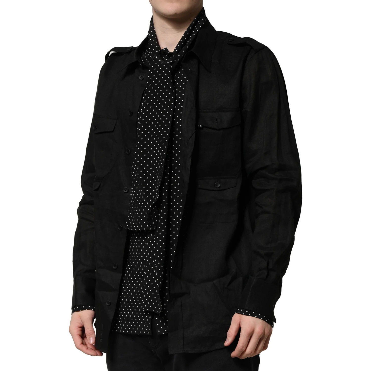 Black Polka Dot Collar Tie Neck Casual Shirt