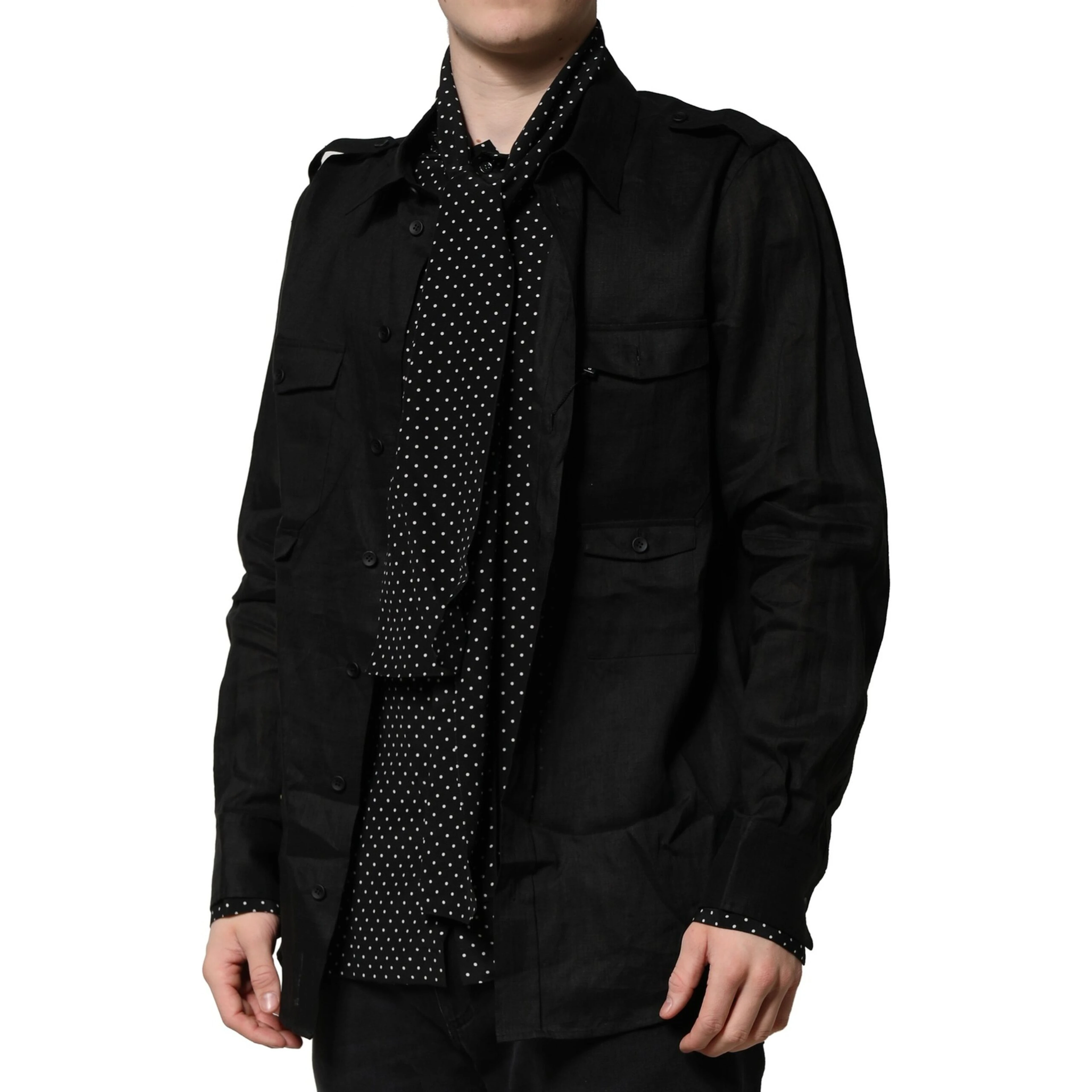 Black Polka Dot Collar Tie Neck Casual Shirt