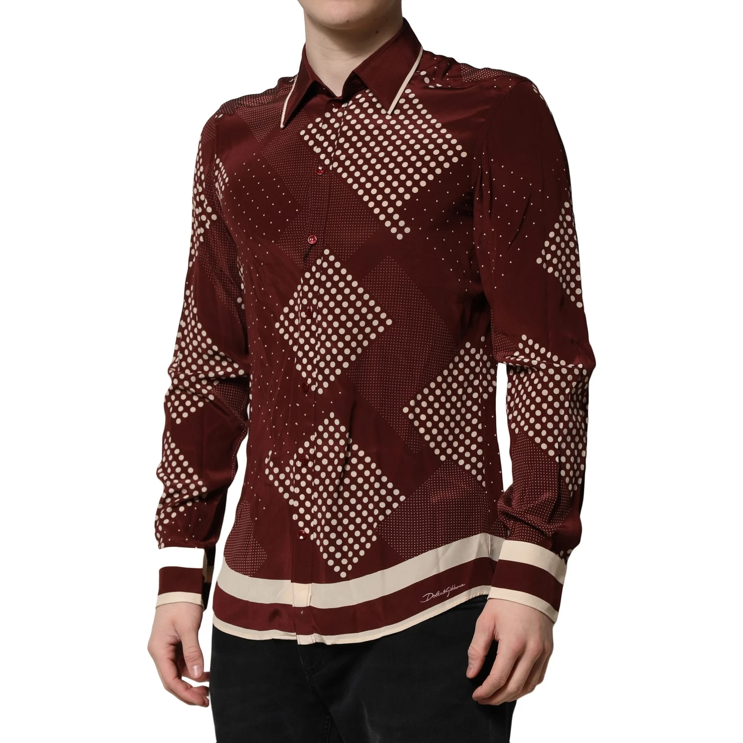 Maroon Dotted Silk Long Sleeve Casual Shirt