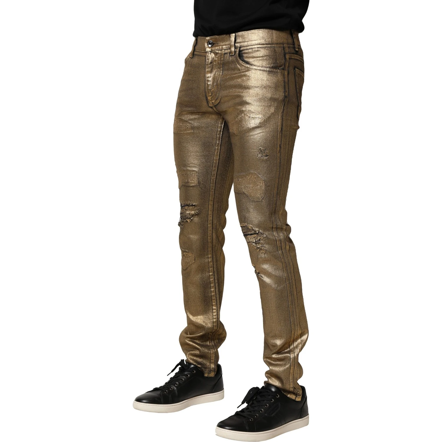 Gold Tattered Cotton Stretch Slim Denim Jeans