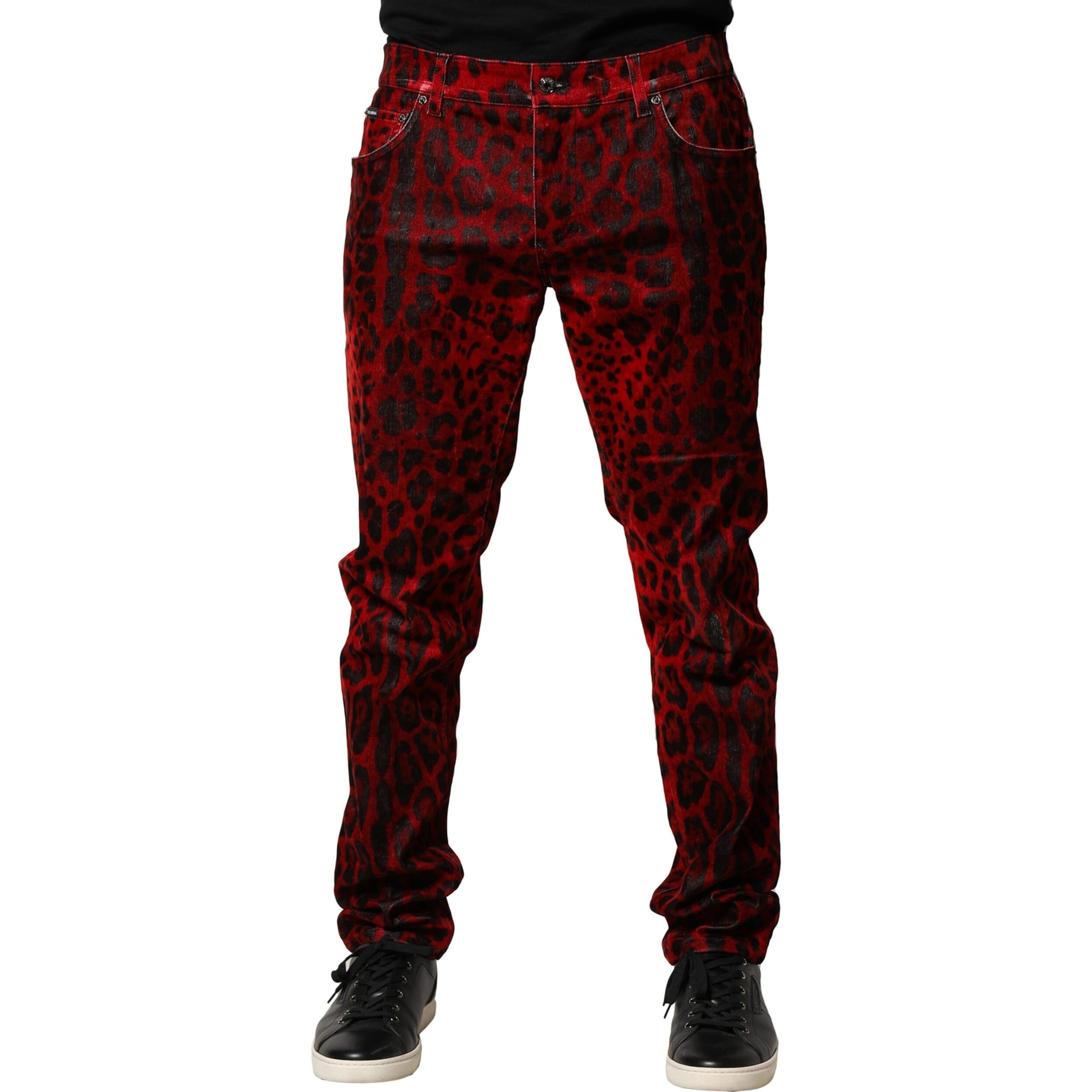 Red Leopard Print Cotton Skinny Denim Jeans