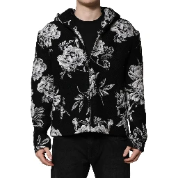 Black Wool Floral Printed Men Hooded Jacket