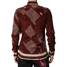 Maroon Dotted Silk Long Sleeve Casual Shirt
