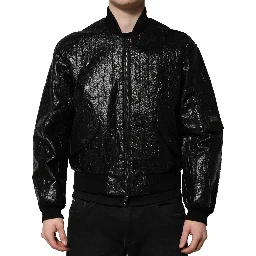 Black Logo Plaque Bomber Full Zipper Jacket