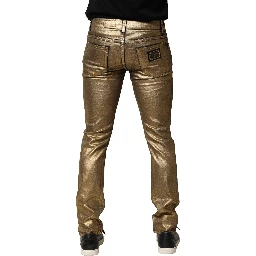 Gold Tattered Cotton Stretch Slim Denim Jeans
