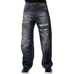 Blue Washed Tattered Cotton Men Jeans