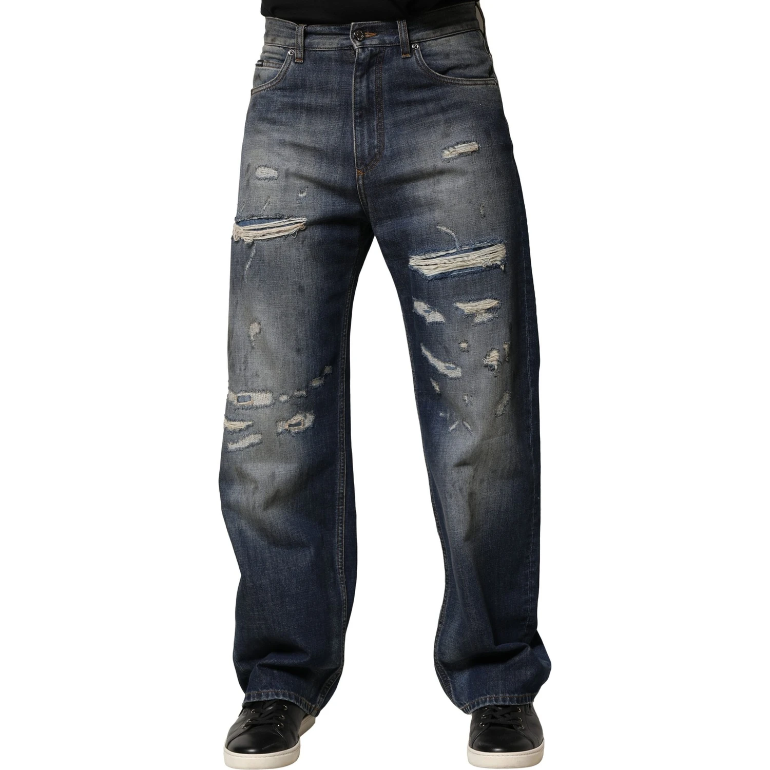 Blue Washed Tattered Cotton Men Jeans