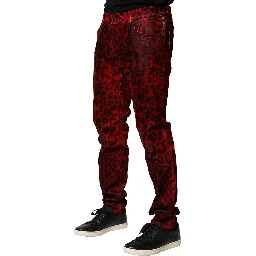 Red Leopard Print Cotton Skinny Denim Jeans