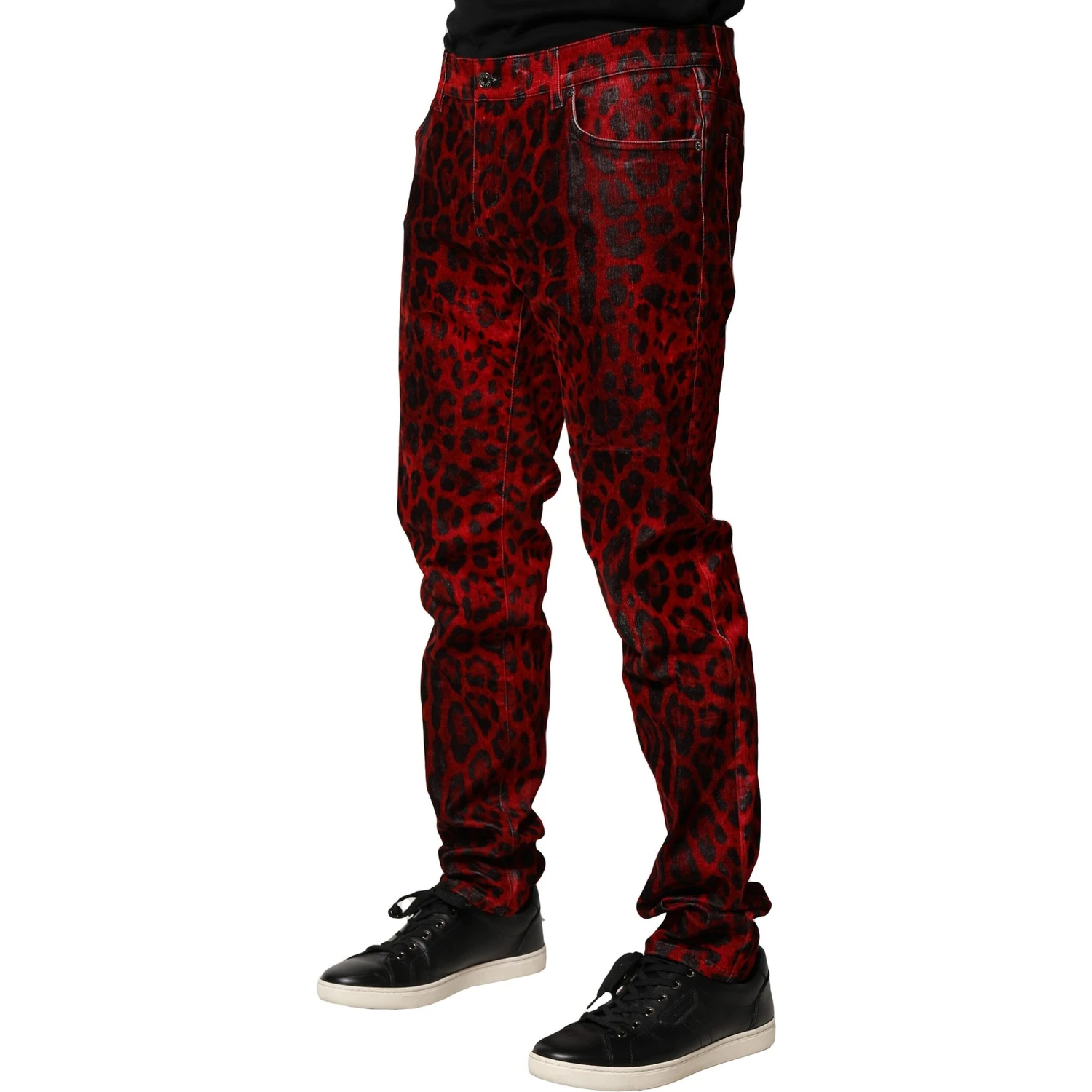Red Leopard Print Cotton Skinny Denim Jeans