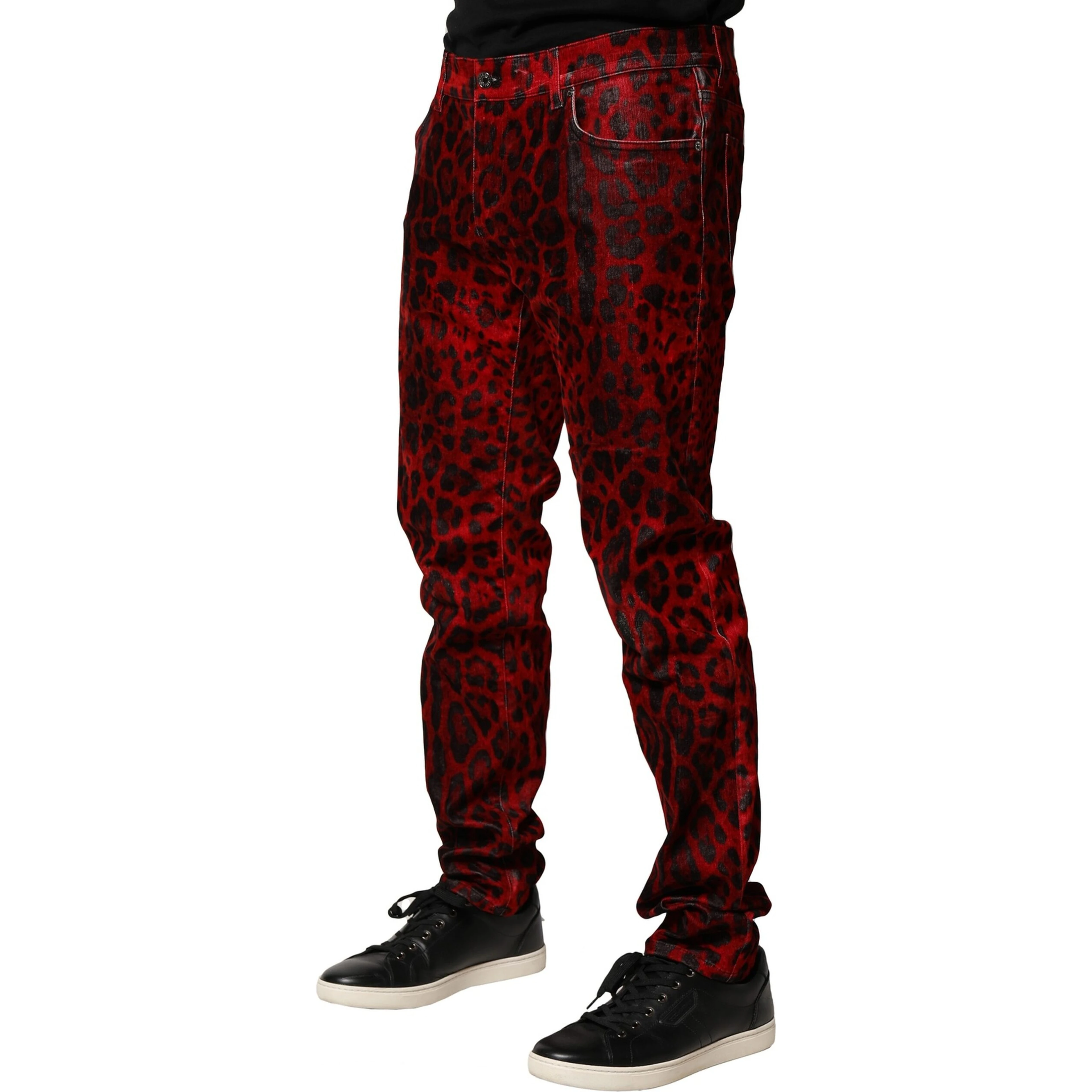 Red Leopard Print Cotton Skinny Denim Jeans