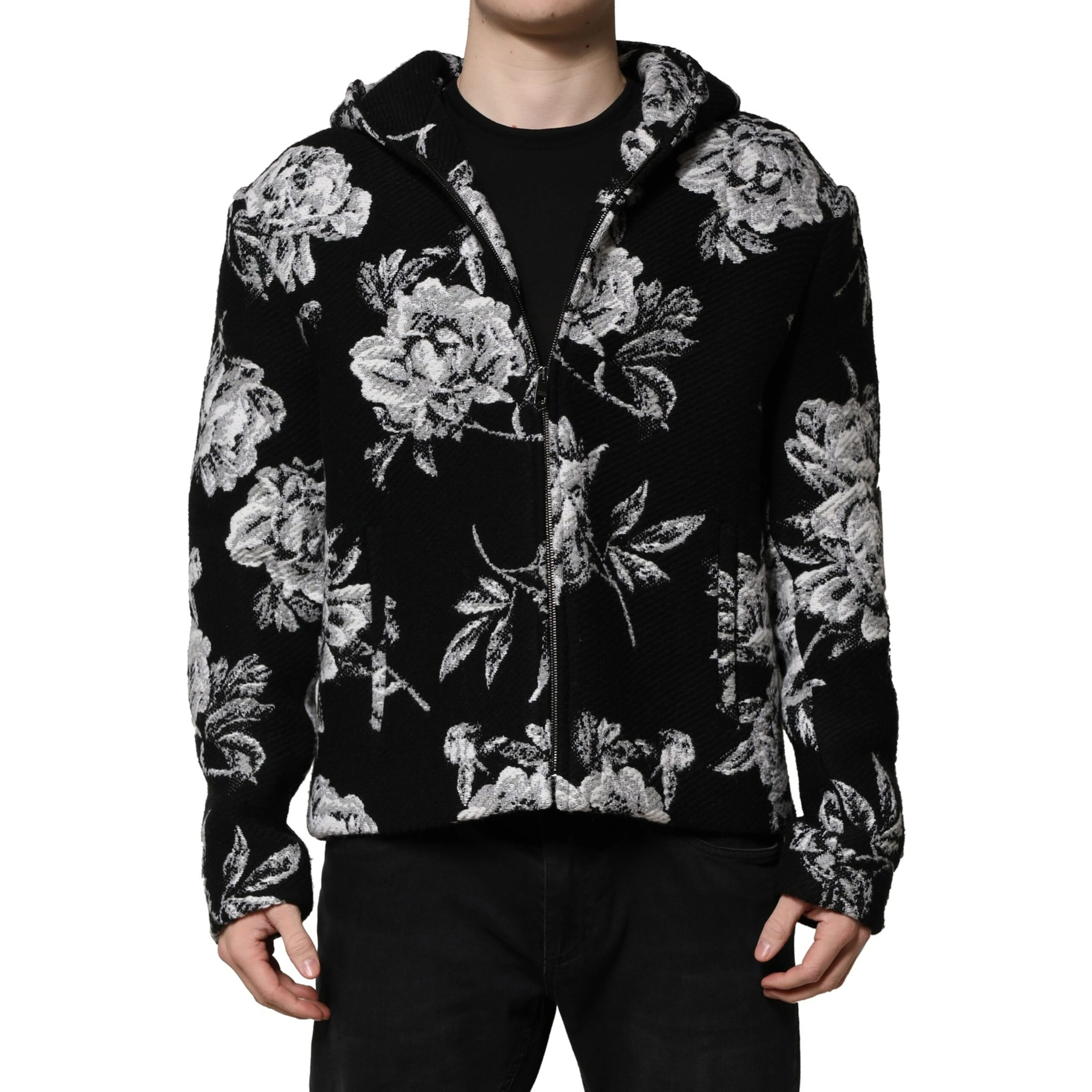 Black Wool Floral Printed Men Hooded Jacket