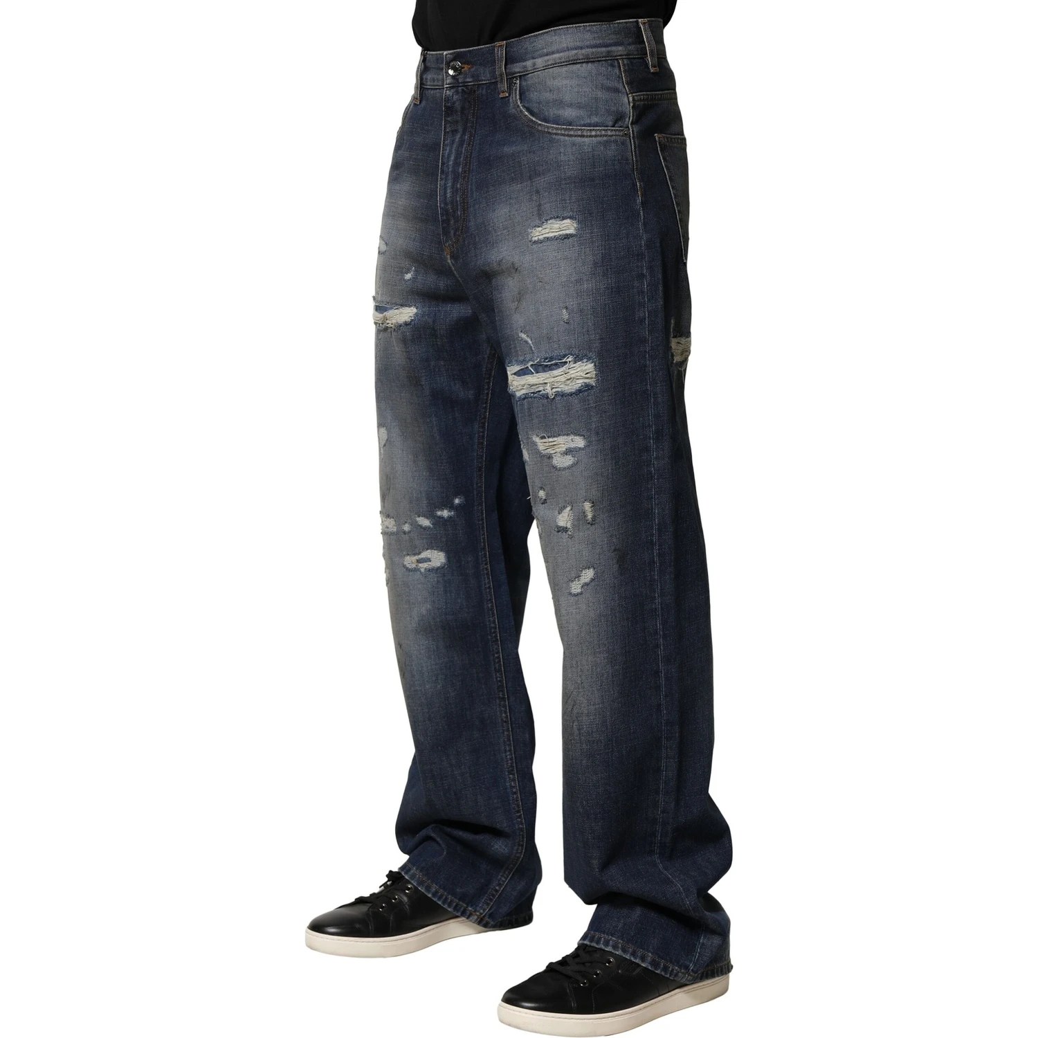 Blue Washed Tattered Cotton Men Jeans