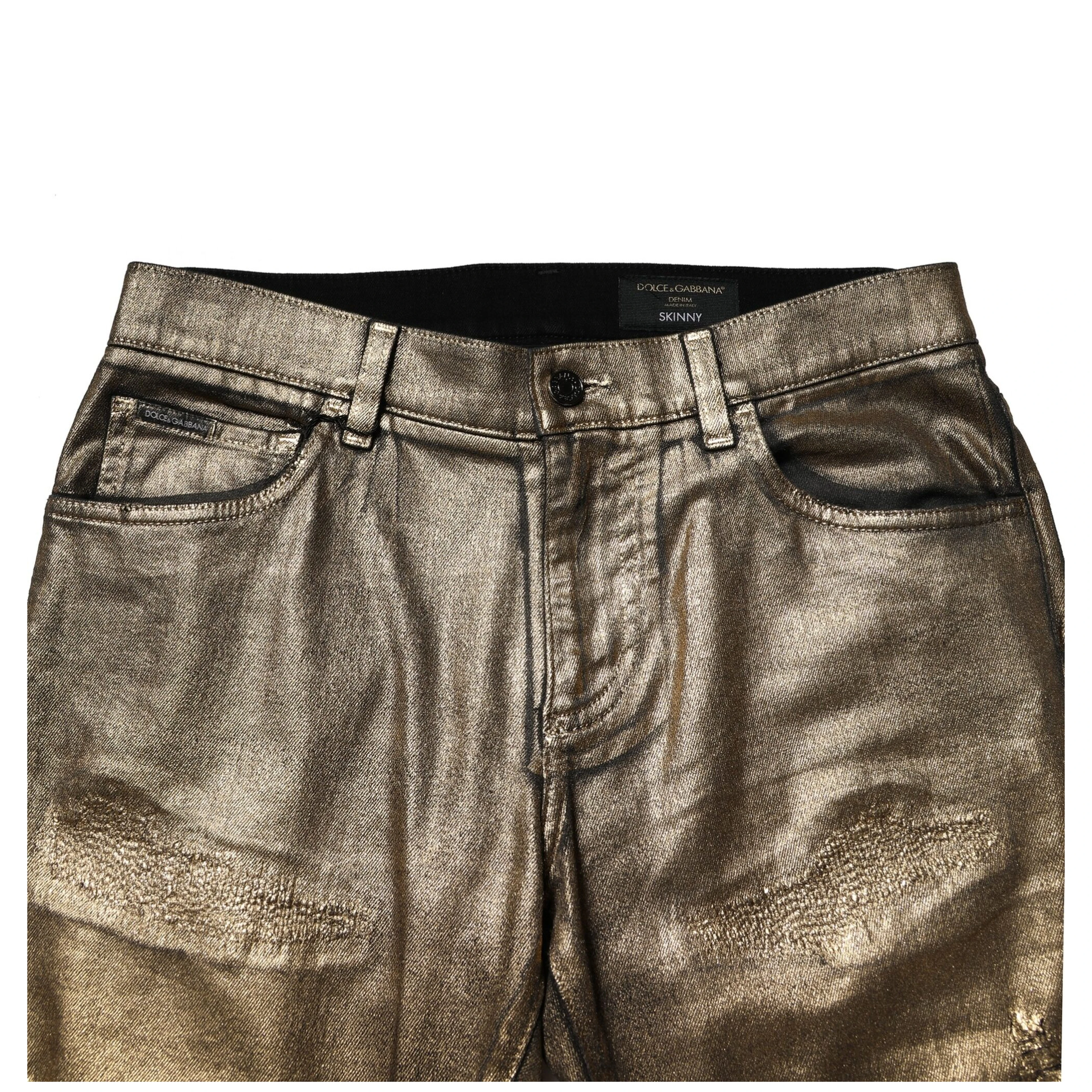 Gold Tattered Cotton Stretch Slim Denim Jeans