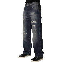 Blue Washed Tattered Cotton Men Jeans