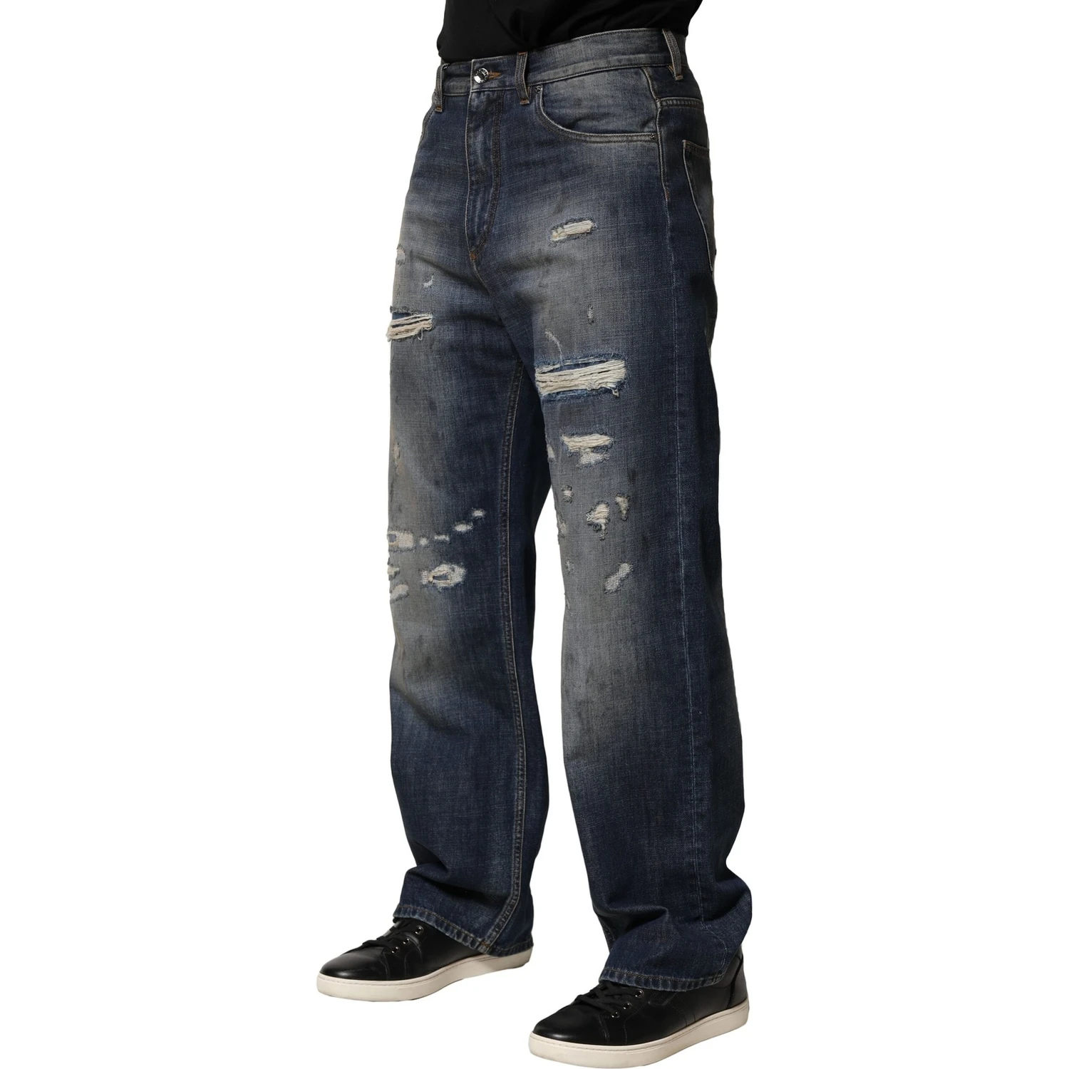 Blue Washed Tattered Cotton Men Jeans