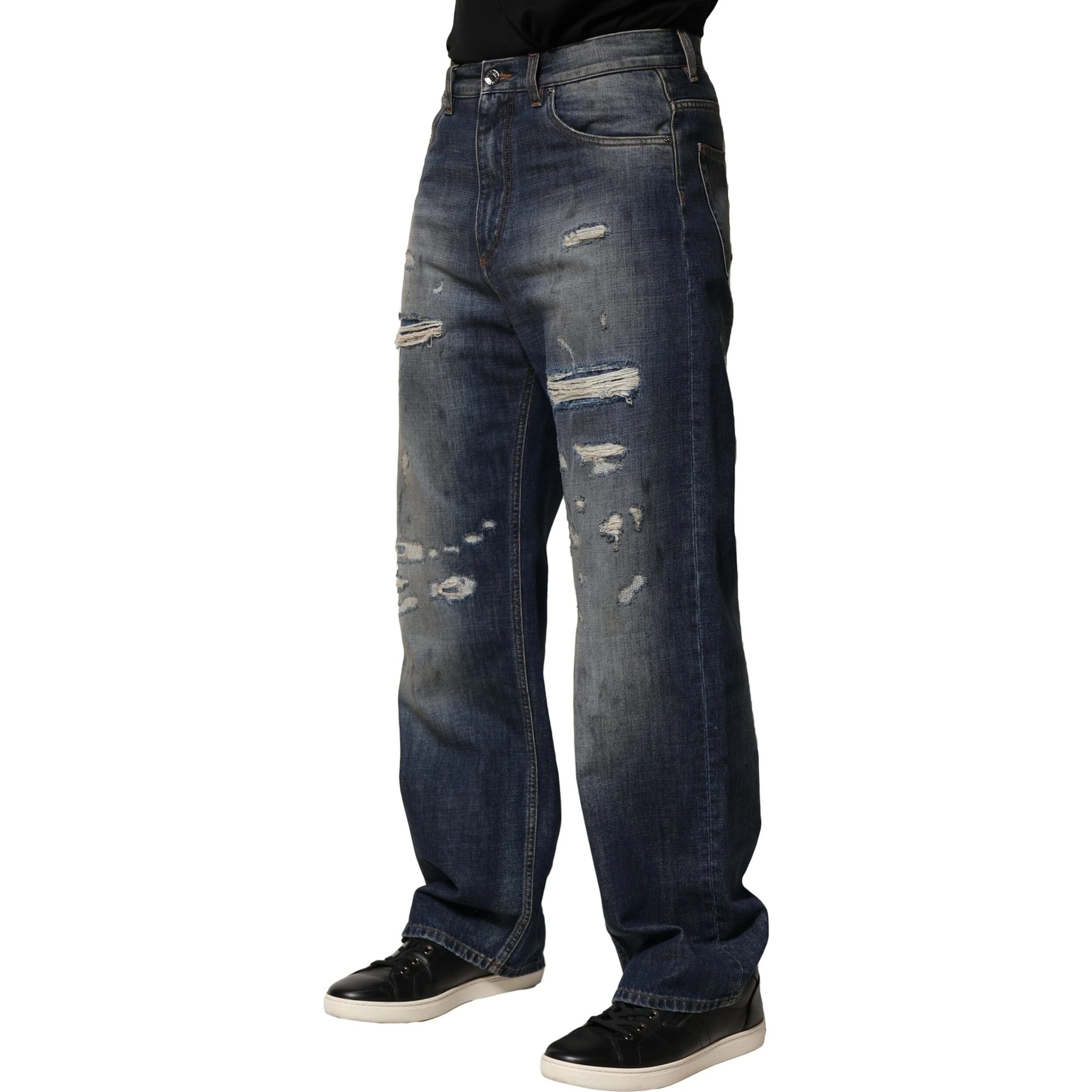 Blue Washed Tattered Cotton Men Jeans