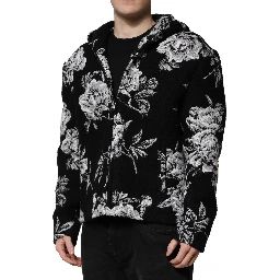 Black Wool Floral Printed Men Hooded Jacket