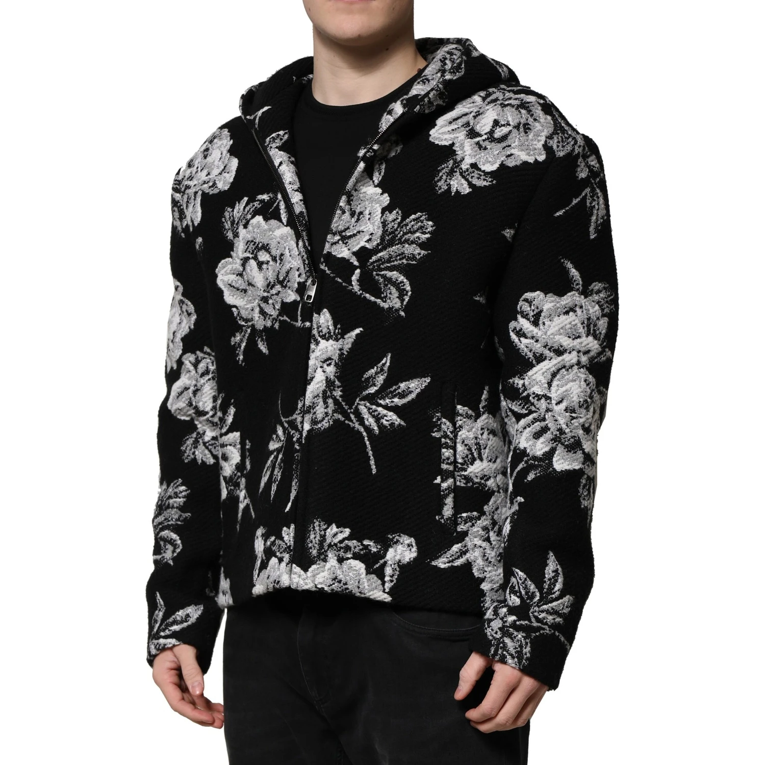 Black Wool Floral Printed Men Hooded Jacket