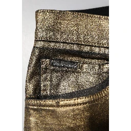 Gold Tattered Cotton Stretch Slim Denim Jeans