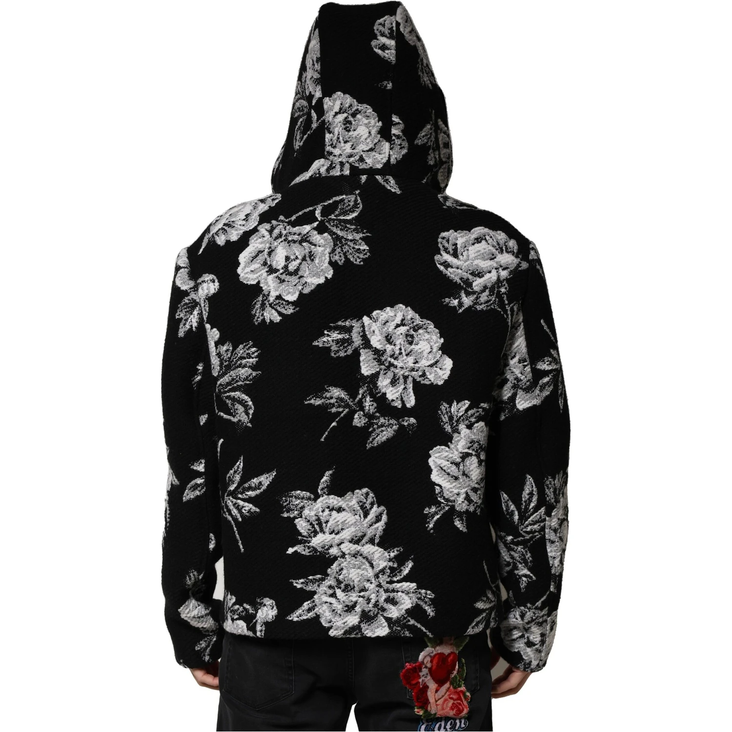 Black Wool Floral Printed Men Hooded Jacket