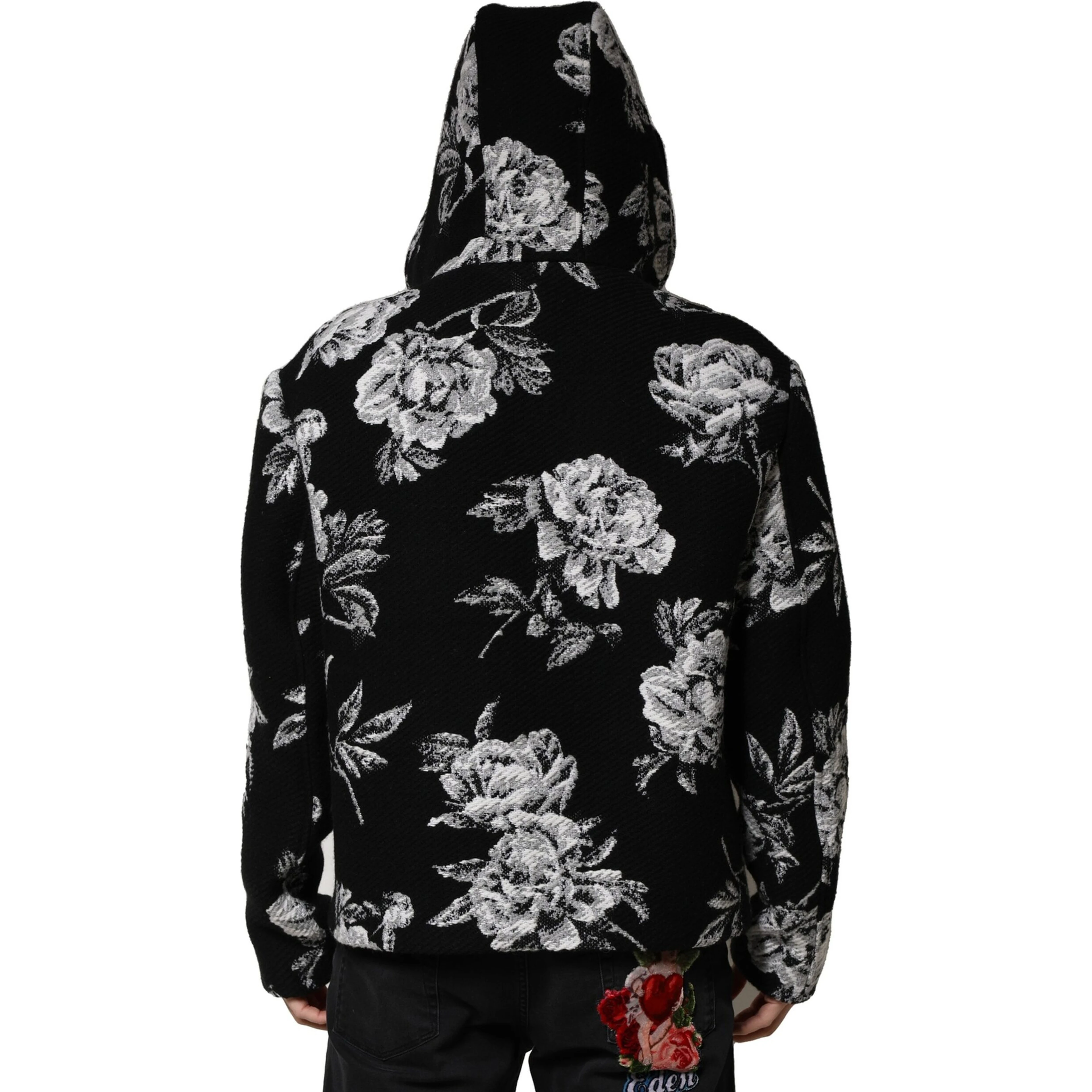 Black Wool Floral Printed Men Hooded Jacket