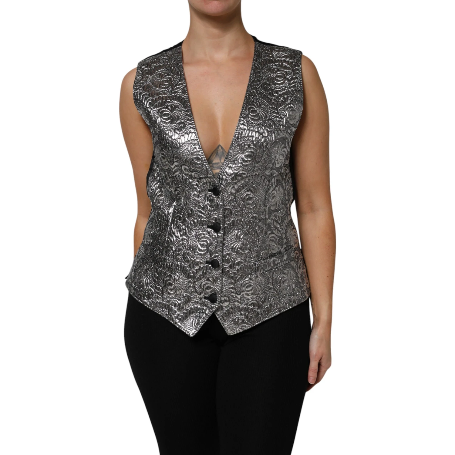 Silver Floral Jacquard Sleeveless Vest Top