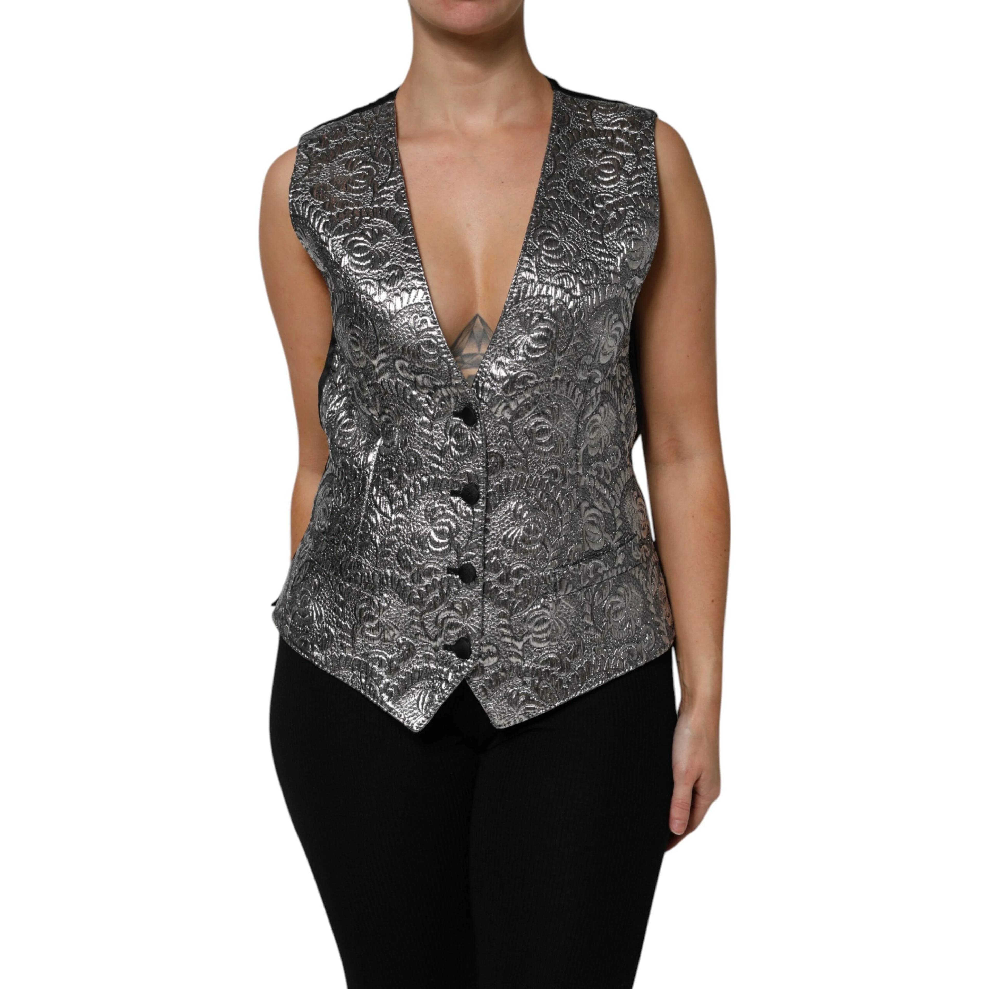 Silver Floral Jacquard Sleeveless Vest Top
