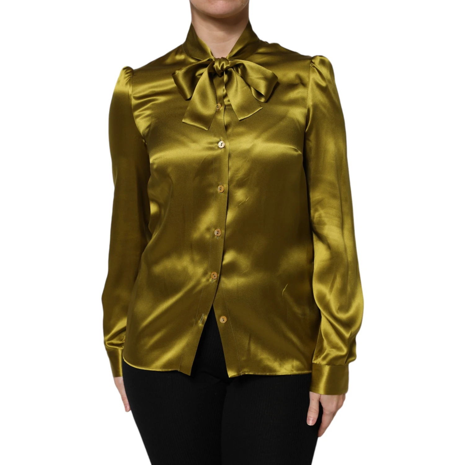 Green Ascot Collar Long Sleeves Blouse Top