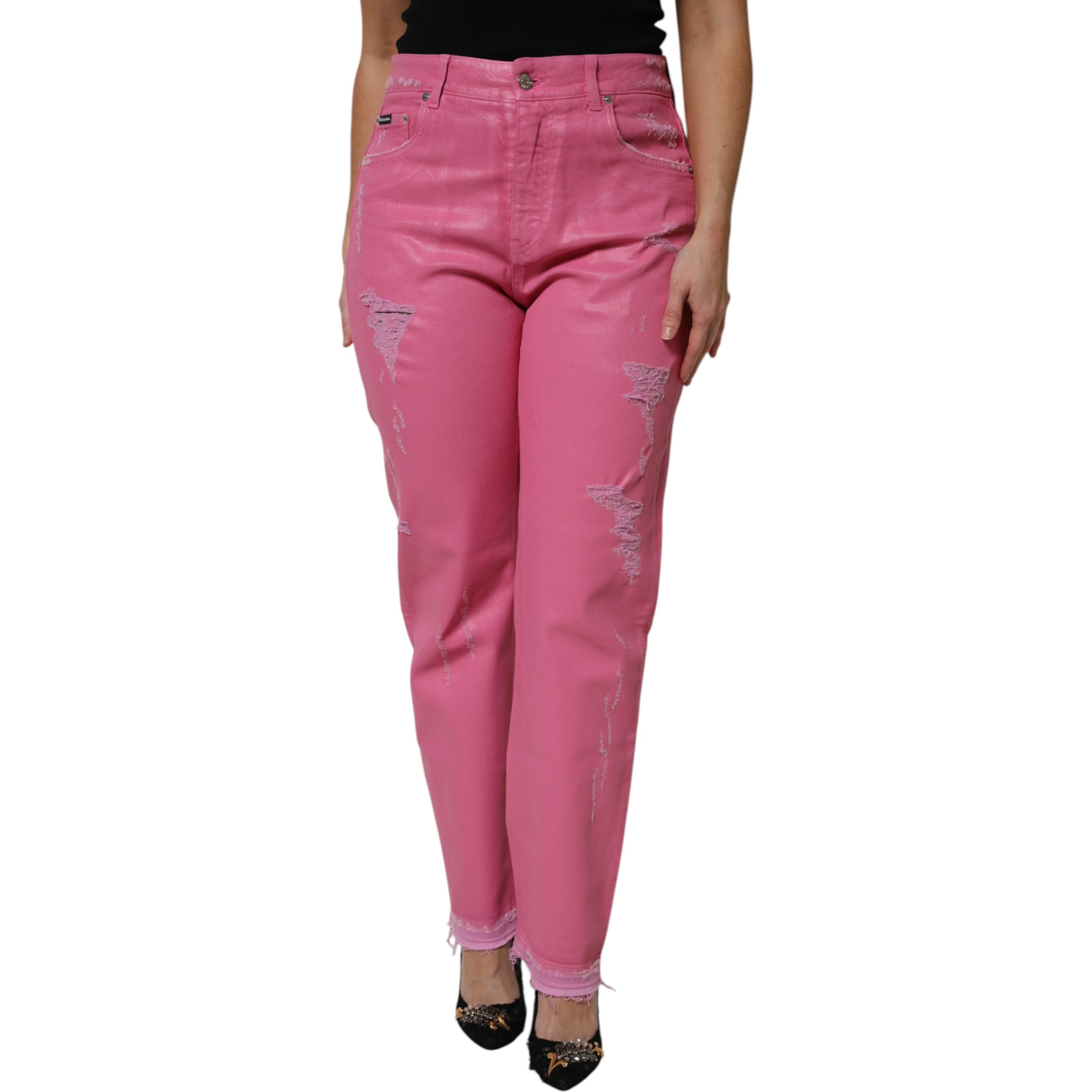 Pink Tattered Mid Waist Tapered Denim Jeans