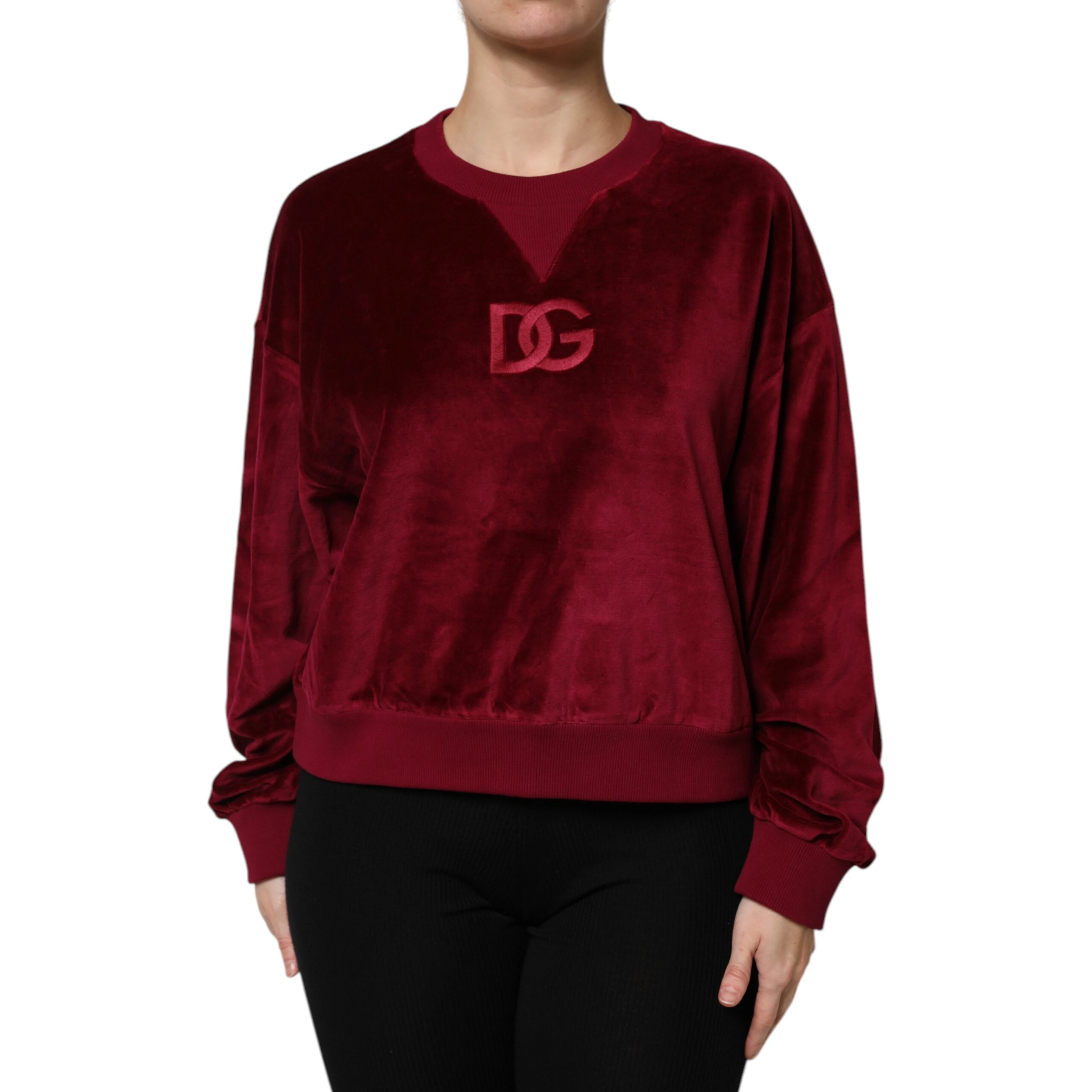 Red Cotton Velvet Crew Neck Pullover Sweater