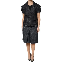 Black Cotton Blend Denim Top Skirt Casual Set