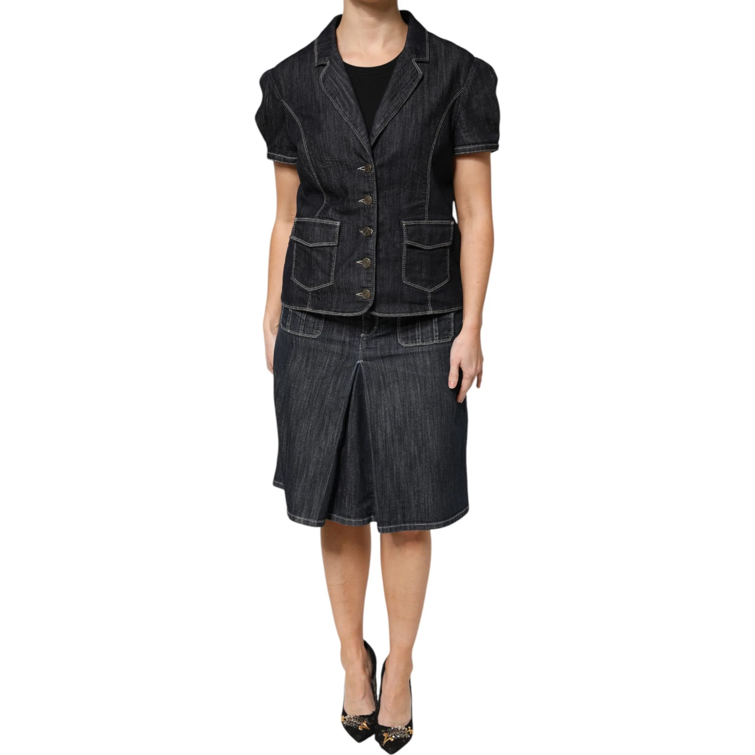 Black Cotton Blend Denim Top Skirt Casual Set