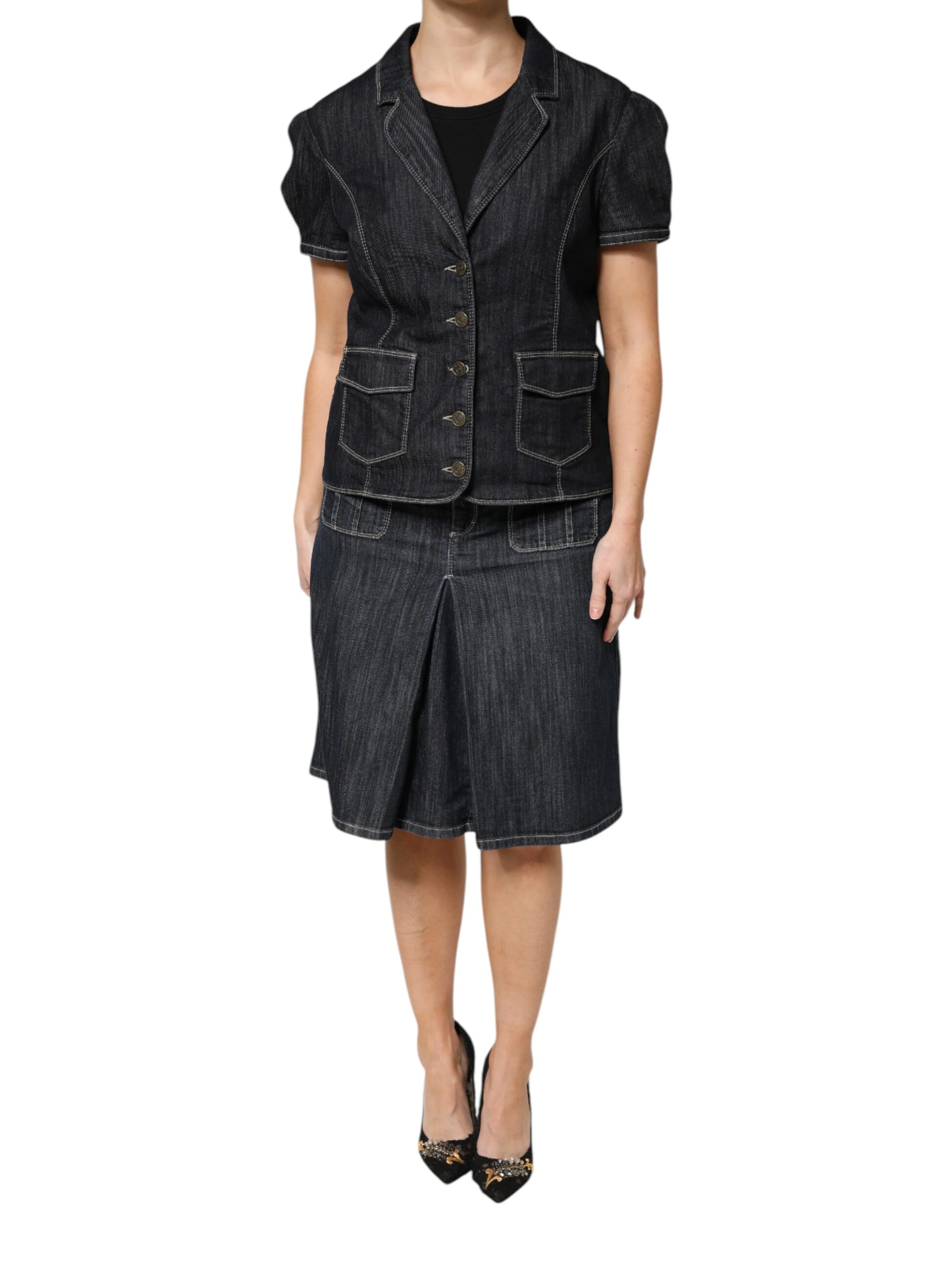 Black Cotton Blend Denim Top Skirt Casual Set
