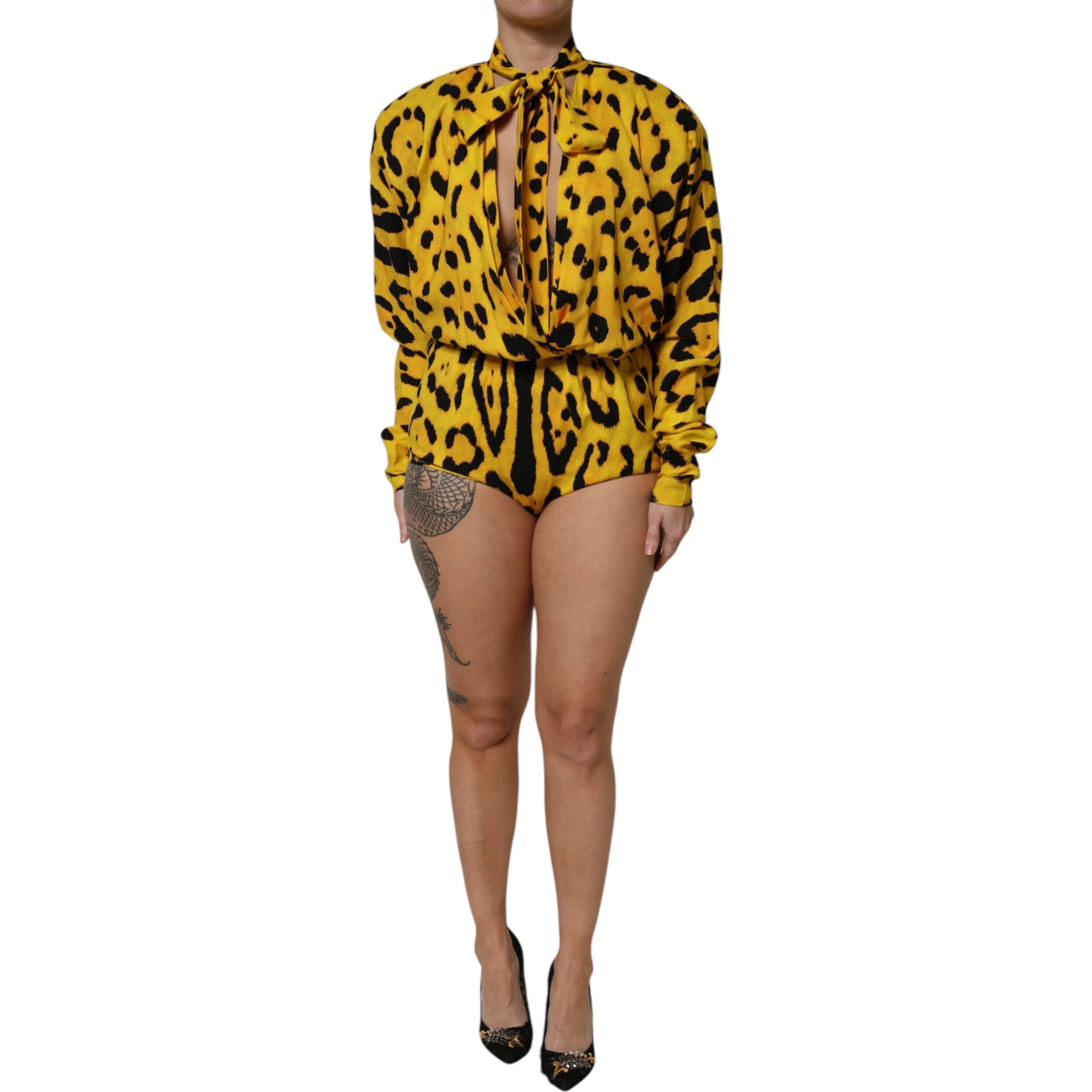 Yellow Leopard Long Sleeves Jumpsuit Dress