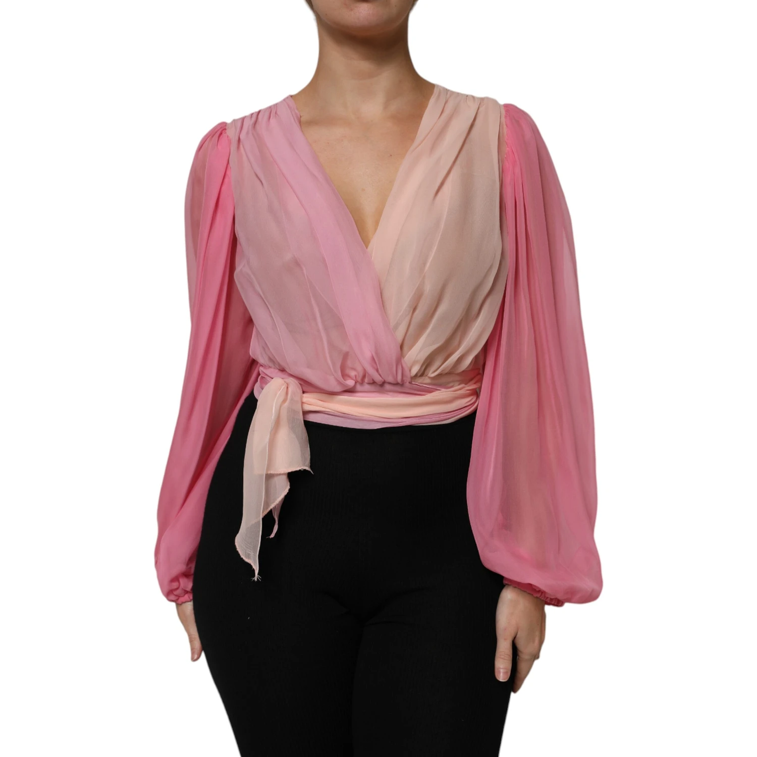 Pink Plunging V-neck Long Sleeves Blouse Top