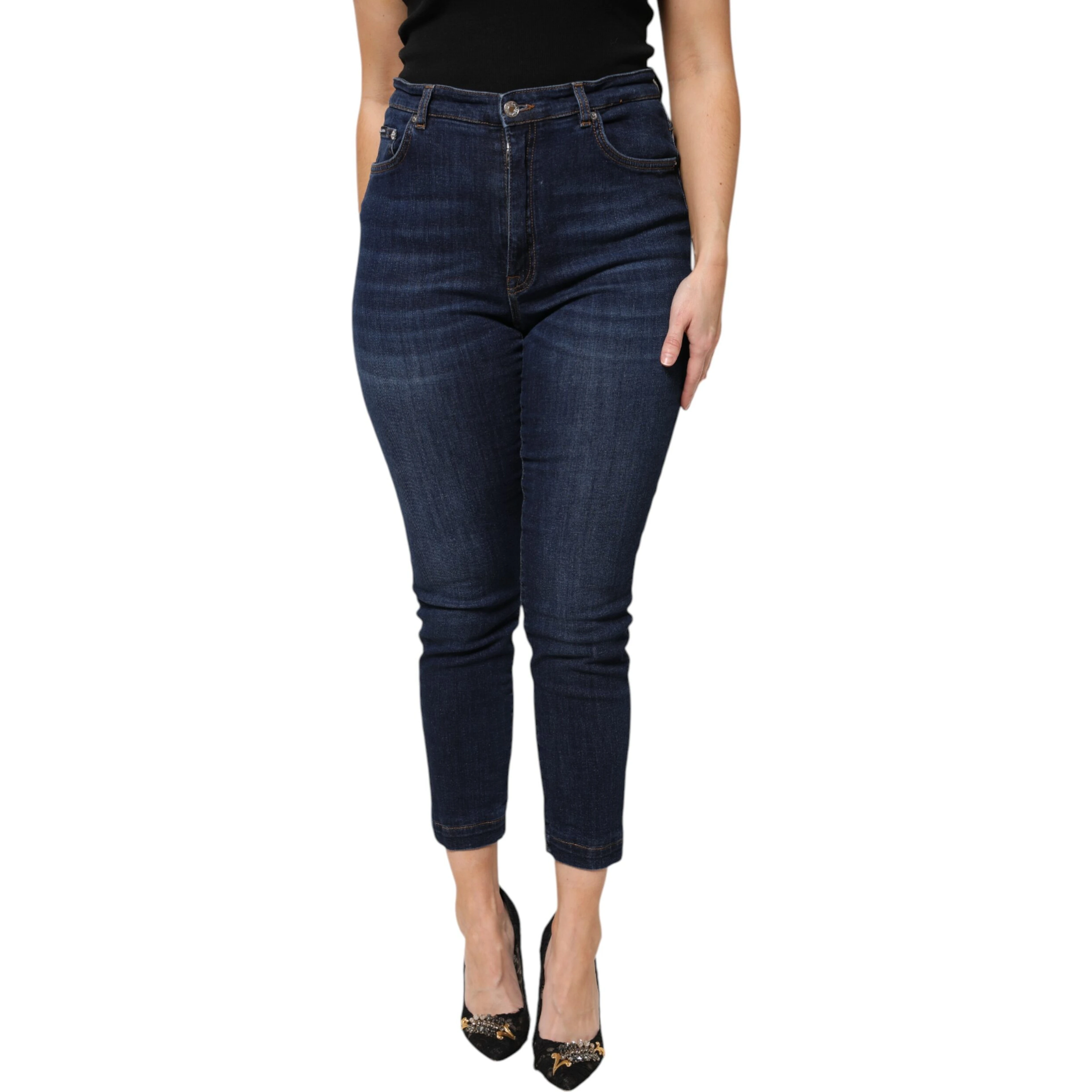Blue Cotton High Waisted Cropped Denim Jeans