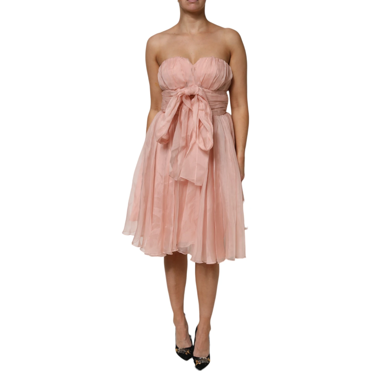 Pink Silk Chiffon A-line Pleated Midi Dress